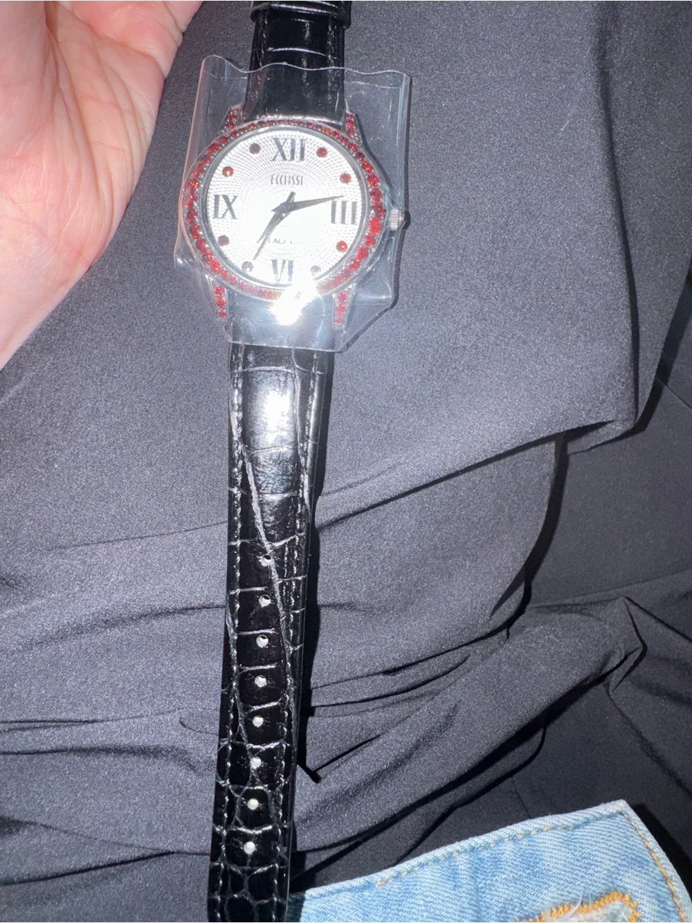 Ecclissi Facets Silver Watch Red Garnet Crystal Bezel Textured Dial Black Band